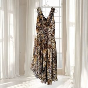 Chris McLaughlin Brown Chiffon Animal Print Asymmetrical Midi Dress Size M/L